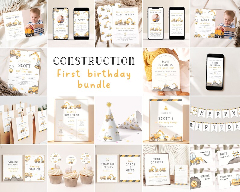 May include: Construction themed first birthday party printable bundle in yellow and grey. Includes invitations, banners, cupcake toppers, favour tags, and more. The text "Scott is turning one year old" is featured on the invitation.