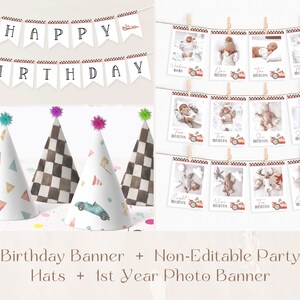 K&ouml;nnte beinhalten: Ein rot-wei&szlig; kariertes Geburtstagsbanner mit den Worten "HAPPY BIRTHDAY". Vier Partyh&uuml;te mit verschiedenen Designs, darunter ein kariertes Muster, ein Rennwagen und ein geometrisches Muster. Ein Fotobanner mit 12 Rahmen, jeder mit einem Babyfoto und dem Alter in Monaten. Die Rahmen sind mit einem rot-wei&szlig; karierten Muster und einem kleinen roten Rennwagen verziert.