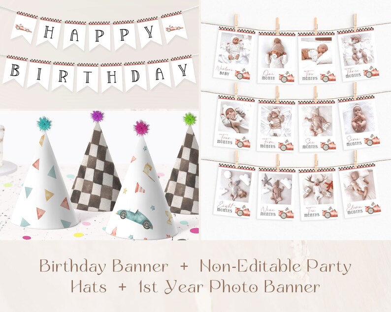 K&ouml;nnte beinhalten: Ein rot-wei&szlig; kariertes Geburtstagsbanner mit den Worten "HAPPY BIRTHDAY". Vier Partyh&uuml;te mit verschiedenen Designs, darunter ein kariertes Muster, ein Rennwagen und ein geometrisches Muster. Ein Fotobanner mit 12 Rahmen, jeder mit einem Babyfoto und dem Alter in Monaten. Die Rahmen sind mit einem rot-wei&szlig; karierten Muster und einem kleinen roten Rennwagen verziert.
