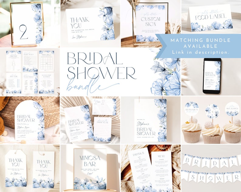 Op de afbeelding: Een verzameling printbare bruidsdouchedecoraties met een blauw aquarelbloemendesign. De set bevat uitnodigingen, bedankkaartjes, voedseletiketten, een mimosa-barbord, een bruidsdouchebanner en meer.