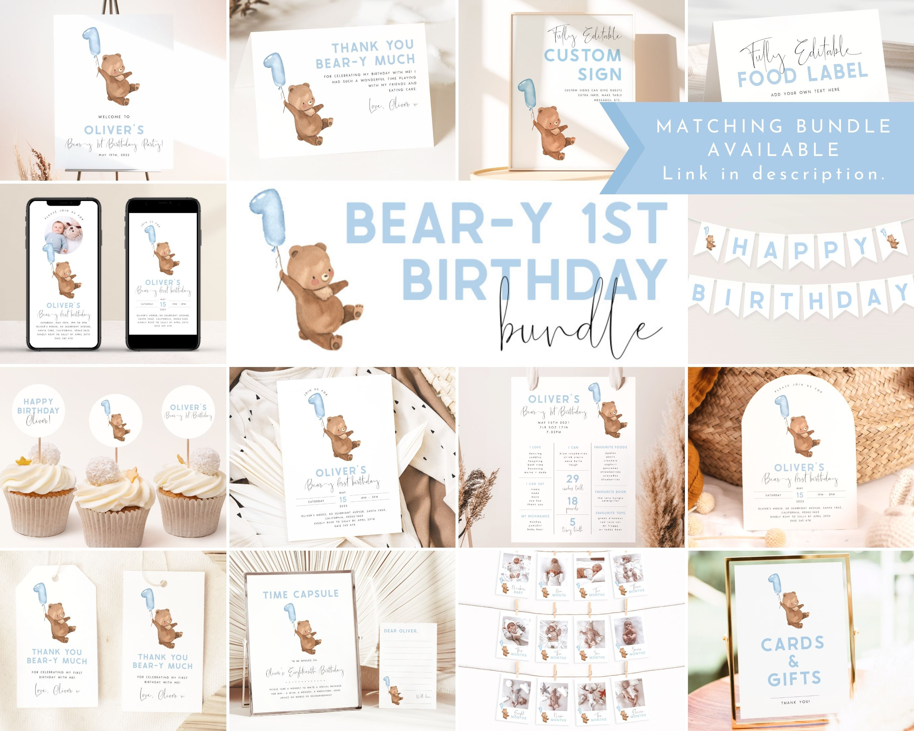 Bear Happy Birthday Banner Template. Editable Beary First Birthday Boy ...