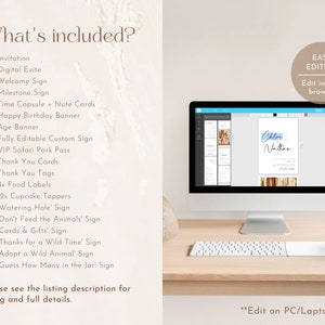 May include: A computer screen displaying a digital invitation template for a safari-themed birthday party. The template features a blue and white color scheme with a woodgrain background. The text "Chloe Nathan" is visible on the screen. The text "Easy Editing" is displayed in a circle on the right side of the image. The text "Edit in your browser" is displayed below the circle. The text "Edit on PC/Laptop only" is displayed at the bottom of the image.