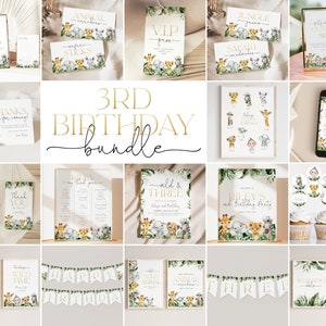 Może przedstawiać: Cyfrowy pakiet do druku na 3. urodziny z motywem zwierząt z dżungli. Pakiet zawiera zaproszenia, kartki z podziękowaniami, etykiety na jedzenie, ozdoby na babeczki, baner i tabliczkę. Projekty zawierają akwarelowe ilustracje zwierząt, takich jak żyrafy, słonie i małpy.