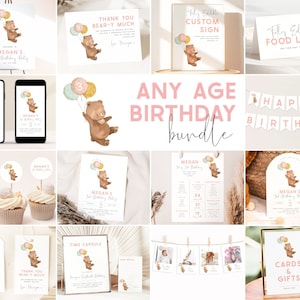 Bear Birthday Bundle. Beary 3rd Birthday Party Bundle Pink Teddy Bear Invitation Bundle Bear Birthday for Girls Template Bundle Any Age, PB3