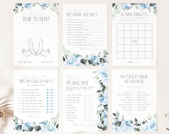 Puede incluir: Un conjunto de tarjetas de juego de baby shower imprimibles con diseños florales azules. Los juegos incluyen "Dibuja al bebé", "¿Quién conoce mejor a mamá?", "Baby Bingo", "Adivina quién lo dijo: ¿Mamá o papá?", "El precio es correcto" y "¿Preferiría".
