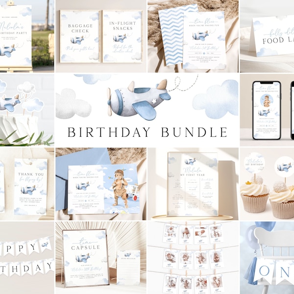 Airplane Birthday Bundle Set. Airplane 1st Birthday Party Bundle Plane Birthday Airplane Invitation Editable Aviation Invite for Boys, AP1