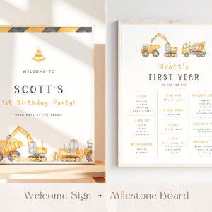 May include: A printable welcome sign and milestone board for a first birthday party with a construction theme. The welcome sign features a yellow construction cone and the text "Welcome to Scott's 1st Birthday Party! Hard hats at the ready!" The milestone board features a yellow construction truck and the text "Scott's First Year on the Job Site". The milestone board includes information about the child's height, weight, favourite foods, books, and toys.