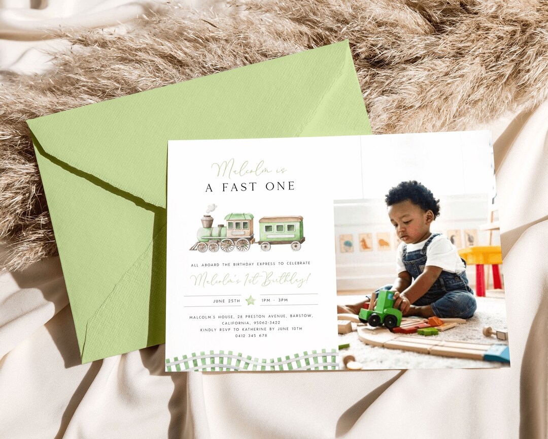 Editable Train 1st Birthday Invitation With Photo Template. Chugga Choo ...