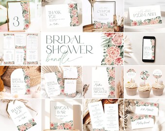 Tropical Bridal Shower Bundle. Tropical Greenery Bridal Shower Invite Bundle Floral Bridal Shower Printable Editable Party Bundle Palm, TF2