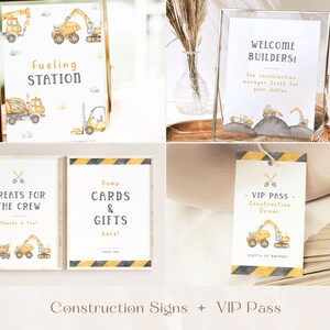 May include: Construction party signs with yellow and black stripes. The signs say "Fueling Station", "Welcome Builders! See construction manager Scott for your duties", "Treats for the Crew", "Dump Cards & Gifts here!" and "VIP Pass - Construction Driver".