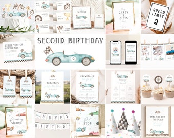 Two Fast Race Car Party Bundle Package. Vintage Race Car 2nd Birthday Invitation Bundle Race Car Party Decorations Editable Template, BC2 R7