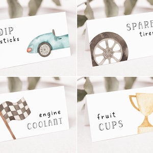 Modèle 2e anniversaire d'étiquettes de nourriture de voiture de course rapide. Étiquettes alimentaires modifiables pour le deuxième anniversaire, voitures de course imprimables vintage, marque-places pour tente - R3 R7