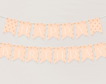 May include: Peach-themed birthday banner with the words "HAPPY BIRTHDAY" in white letters on a peach background with a peach and leaf pattern.