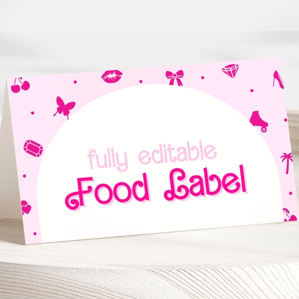 Hot Pink Doll Food Labels Editable Template. Doll Birthday Party Food Label Cards Pink Doll Party Doll Birthday Tent Place Cards Malibu, B5