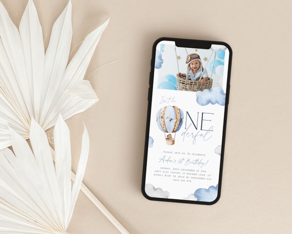 Onederful 1st Birthday Evite with Photo Template, One-derful Digital Invite Blue Hot Air Balloon First Birthday Boy Photo Evite Text - ON1