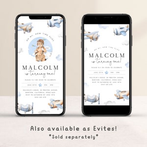 Pu&ograve; includere: Un invito digitale blu e bianco per un primo compleanno. L'invito presenta un aereo dei cartoni animati e il testo "Oh my, how time flies! Malcolm is turning one!" Per favore, vieni a festeggiare il 25 giugno, dalle 15:00 alle 17:00. Malcolm House, 28 Preston Avenue, Barstow, California, 92311-3422. RSVP a Katherine entro il 10 giugno, 0412 345 478.