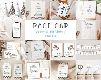 Two Fast Race Car Party Bundle Package. Vintage Race Car 2nd Birthday Invitation Bundle Race Car Party Decorations Editable Template - R3 R7