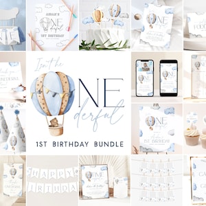 Blue Onederful First Birthday Invitation Bundle, Onederful World 1st Birthday Invitation Template Bundle Hot Air Balloon Birthday Boy, ON1