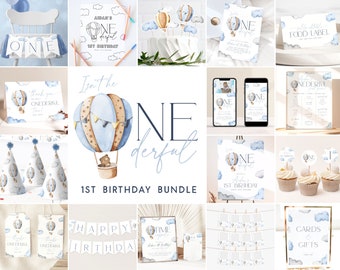 Blue Onederful First Birthday Invitation Bundle, Onederful World 1st Birthday Invitation Template Bundle Hot Air Balloon Birthday Boy, ON1