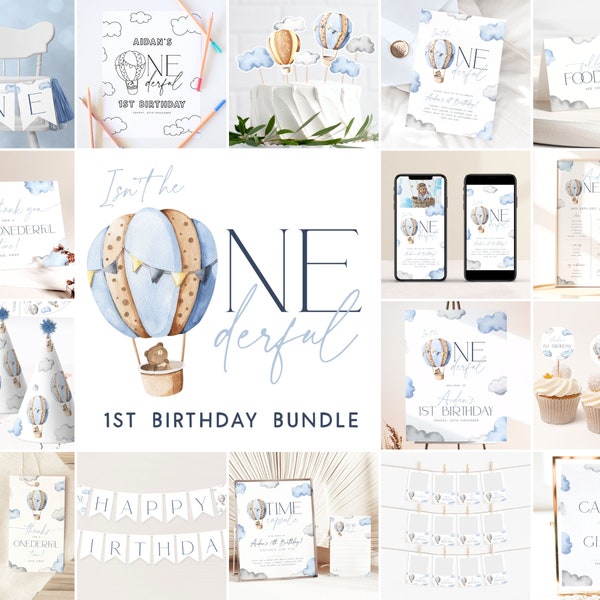 Blue Onederful First Birthday Invitation Bundle, Onederful World 1st Birthday Invitation Template Bundle Hot Air Balloon Birthday Boy, ON1