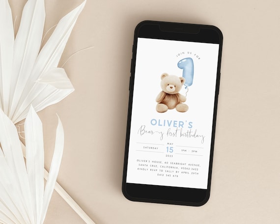 Bear 1st Birthday Evite Editable Template Beary First Birthday Digital Invitation Blue Teddy Bear Birthday Balloons for Boys Text Invite BB1