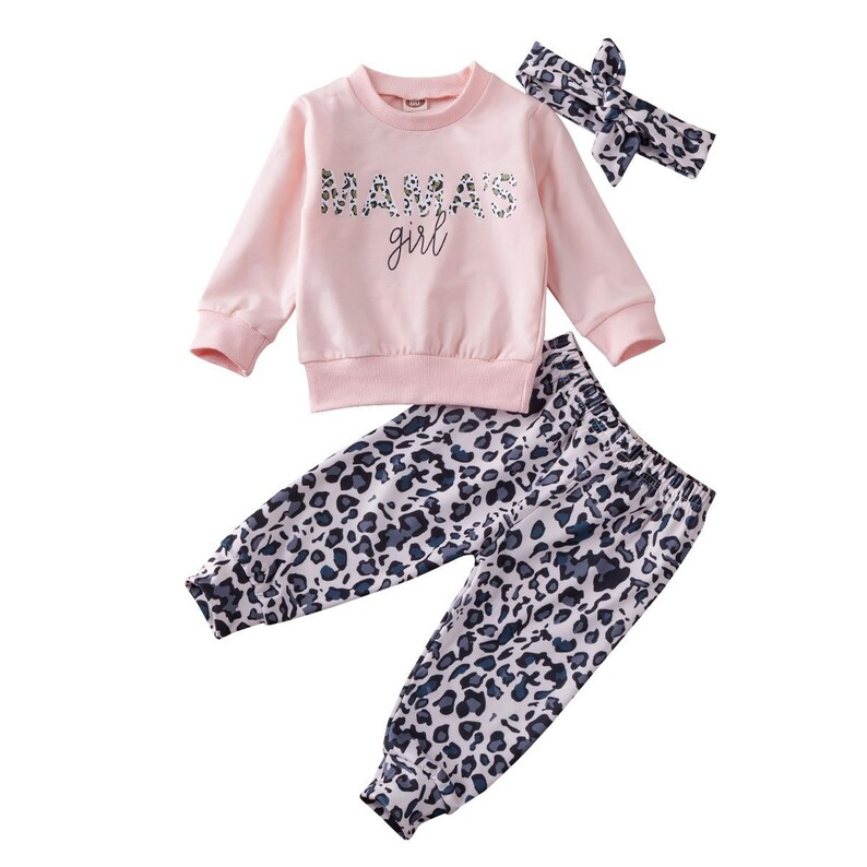 Baby Girl 3Pcs Letter Tops Shirt Leopard Pants Headband Outfits