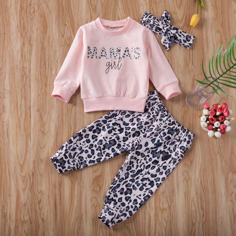 Baby Girl 3Pcs Letter Tops Shirt Leopard Pants Headband Outfits