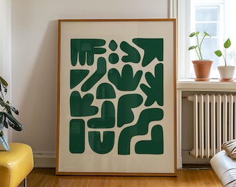 Green abstract wall art, retro homeware poster, abstract cut outs, large green print, trendy home decor, Matisse inspired art, trendy boho