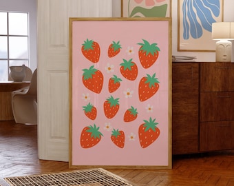 Erdbeer Obstmarkt Druck, rosa adrette Wandkunst, süße Wand Kunst Wohnheim, adrette Ästhetik, trendige rosa Dekor, jugendlich Mädchen Zimmer Dekor