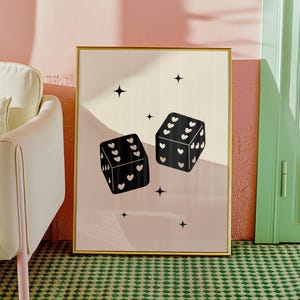 Trendy retro dice art print, heart dice poster, lucky you digital print, feeling lucky printable, large wall art print, trendy homeware image 4