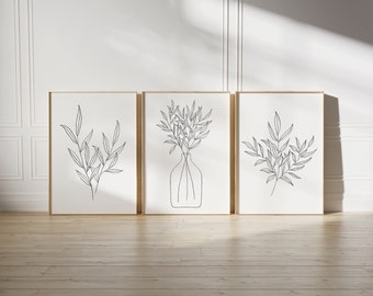 Set of three line art botanical print, minimalist neutral wall decor, trendy floral digital art print, modern bedroom poster, gift for her