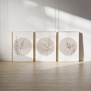 Neutral wall art set of three, beige plant print, neutral print set of three, minimalist digital art print, botanical line art, modern art