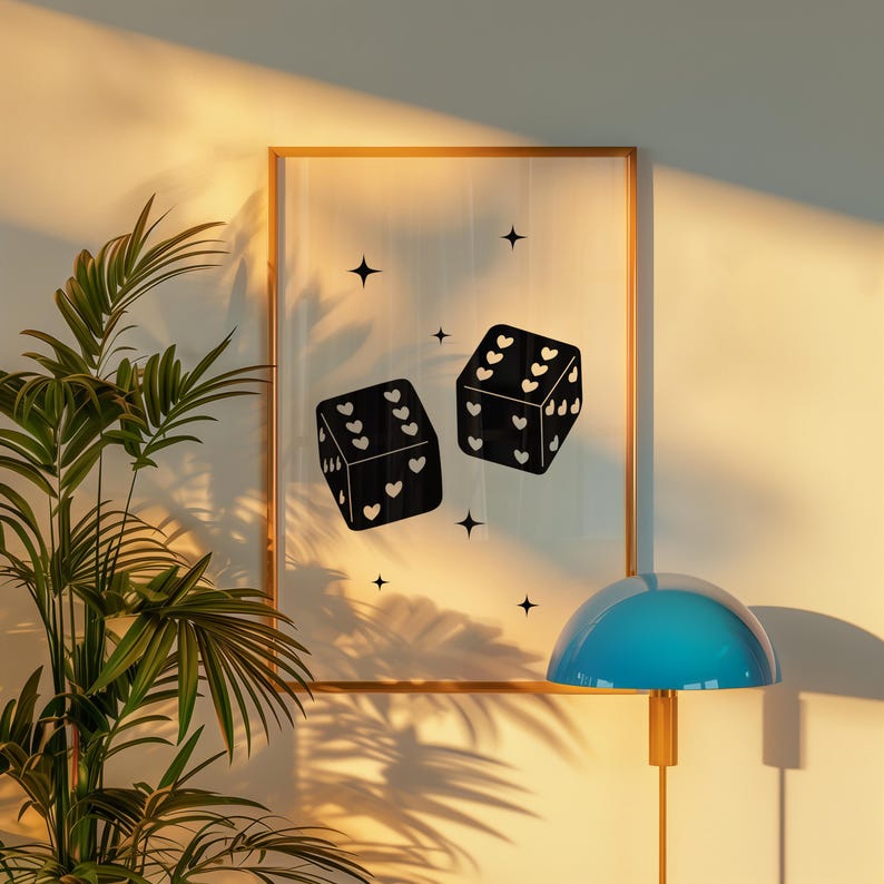 Trendy retro dice art print, heart dice poster, lucky you digital print, feeling lucky printable, large wall art print, trendy homeware image 5