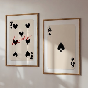 2er Set trendige Retro Spielkarten Prints, Pik Ace Poster, Glücksbringer digitale Kunst, Herz Sieben druckbar, ästhetisches Raumdekor