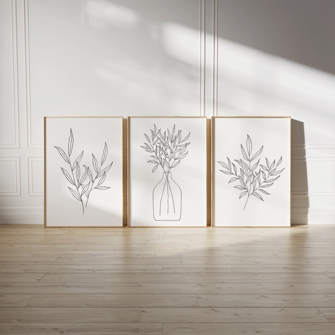 Set of Three Line Art Botanical Print, Minimalist Neutral Wall Decor ...