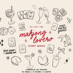 Könnte beinhalten: Eine Sammlung handgezeichneter Schwarz-Weiß-Illustrationen zum Thema Mahjong, darunter Würfel, Spielkarten, Cocktails und Glückskekse. Der Text "mahjong lovers" ist in roter Schrift, mit Sätzen wie "one more game".