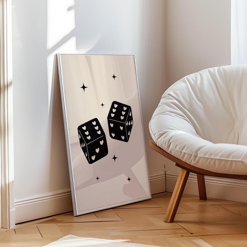 Trendy retro dice art print, heart dice poster, lucky you digital print, feeling lucky printable, large wall art print, trendy homeware image 7