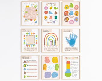 May include: Nine framed posters with calming corner themes. The top banner reads "CALMING CORNER FEELINGS POSTERS". The posters include text and illustrations about feelings, breathing techniques, and daily reminders. The color palette includes pastels and bright colours.