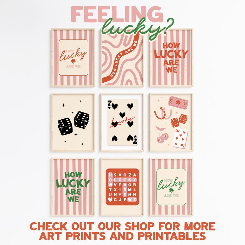 Trendy retro dice art print, heart dice poster, lucky you digital print, feeling lucky printable, large wall art print, trendy homeware image 6