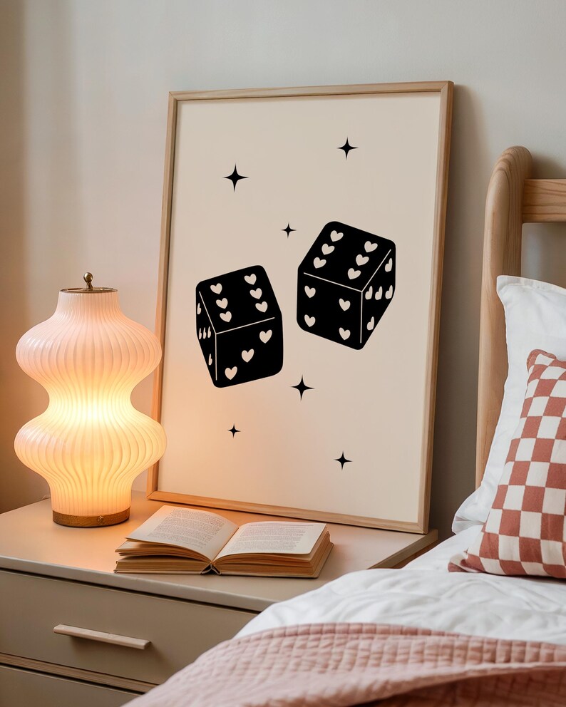 Trendy retro dice art print, heart dice poster, lucky you digital print, feeling lucky printable, large wall art print, trendy homeware image 9