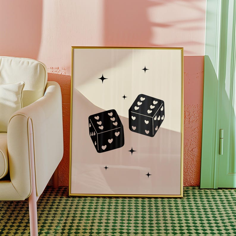 Trendy retro dice art print, heart dice poster, lucky you digital print, feeling lucky printable, large wall art print, trendy homeware image 4