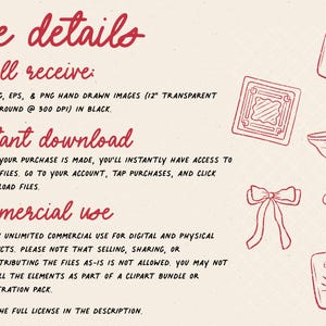 Może przedstawiać: Kremowa grafika cyfrowa z czerwonym, ręcznie pisanym tekstem i ilustracjami. Tekst zawiera "the details you'll receive" i "instant download". Ilustracje obejmują koktajl, kokardę i kartę do gry.