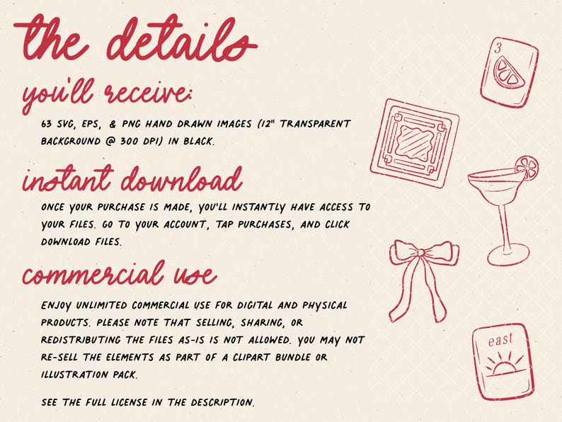 Może przedstawiać: Kremowa grafika cyfrowa z czerwonym, ręcznie pisanym tekstem i ilustracjami. Tekst zawiera "the details you'll receive" i "instant download". Ilustracje obejmują koktajl, kokardę i kartę do gry.