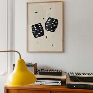 Trendy retro dice art print, heart dice poster, lucky you digital print, feeling lucky printable, large wall art print, trendy homeware image 2