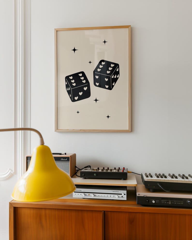 Trendy retro dice art print, heart dice poster, lucky you digital print, feeling lucky printable, large wall art print, trendy homeware image 2