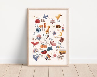 Póster del alfabeto, Impresión educativa, Póster ABC, Arte mural imprimible, Decoración del aula, Descarga digital, Decoración de guardería, Arte de pared de la sala de juegos