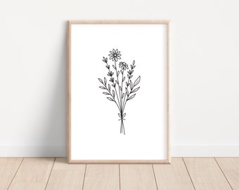 Bouquet floral Digital Art Print | Art mural minimal, Cadeau de pendaison de crémaillère, Affiche d’art au trait, Noir et blanc, Impression botanique, Impression d’art floral