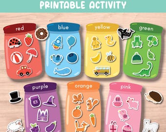 May include: Color matching printable activity featuring jars in red, blue, yellow, green, purple, orange, and pink. Each jar is filled with colorful illustrations of objects that match the jar's color, such as a red car and a blue blueberry.