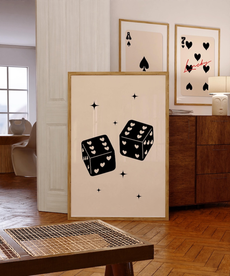 Trendy retro dice art print, heart dice poster, lucky you digital print, feeling lucky printable, large wall art print, trendy homeware image 1