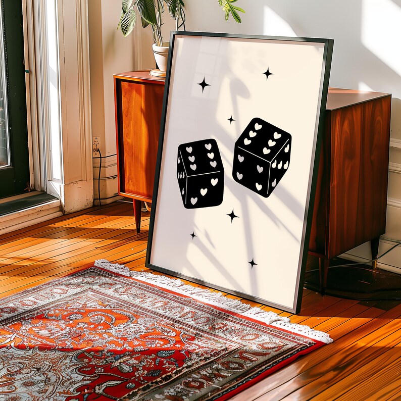 Trendy retro dice art print, heart dice poster, lucky you digital print, feeling lucky printable, large wall art print, trendy homeware image 8